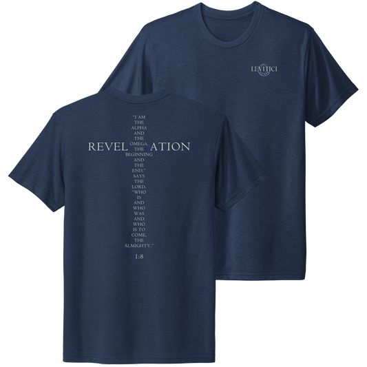 LEVITICI Blue Alpha Tee Christian t-shirt front and back cream white print