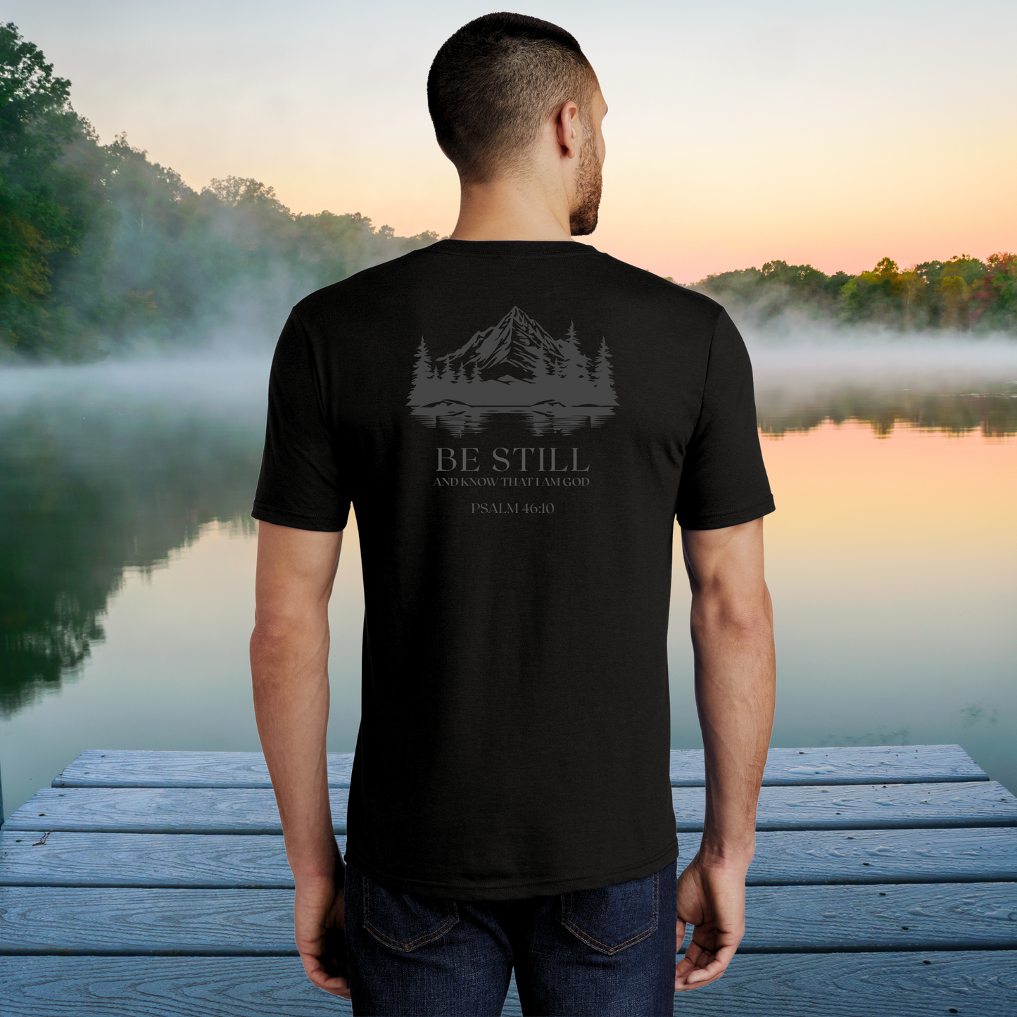 Be Still T-Shirt Black Back on Model