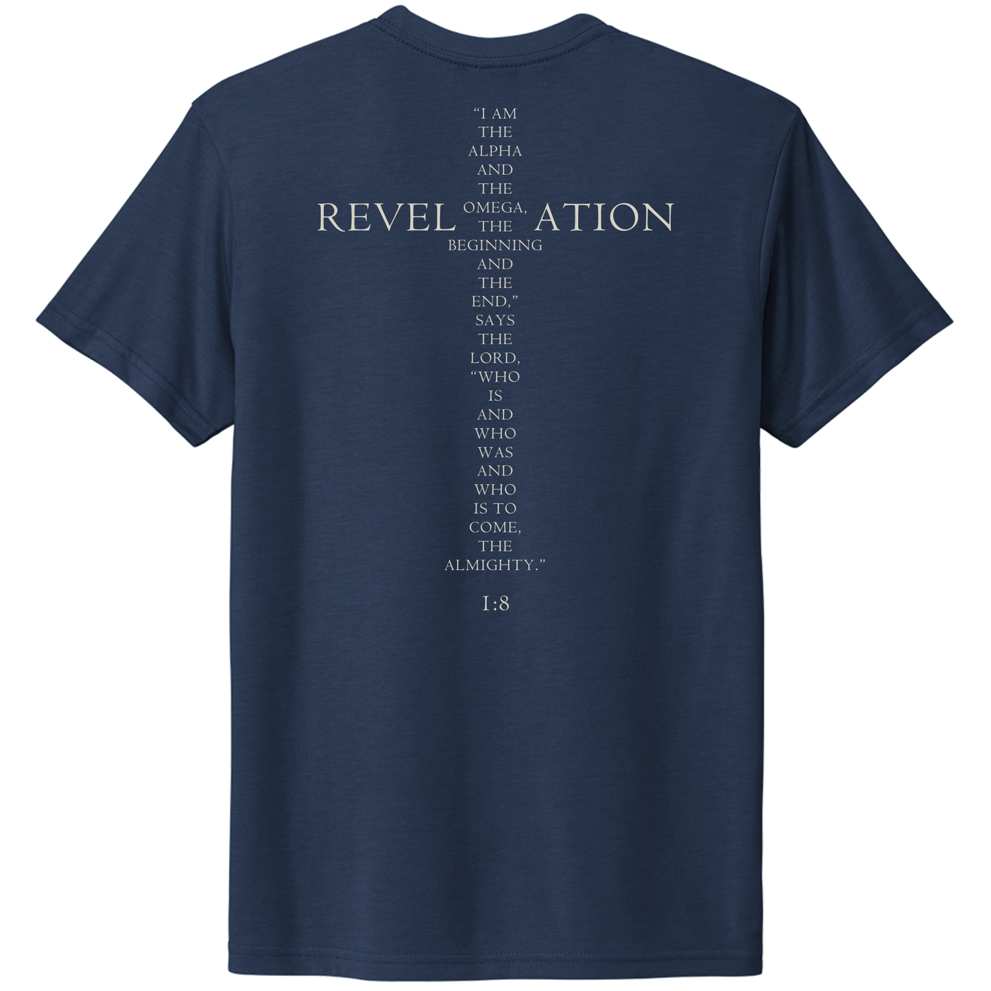 Back view of LEVITICI Alpha Tee blue Christian t-shirt with cream white Revelation 1:8 Scripture print