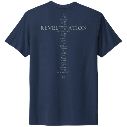 Back view of LEVITICI Alpha Tee blue Christian t-shirt with cream white Revelation 1:8 Scripture print