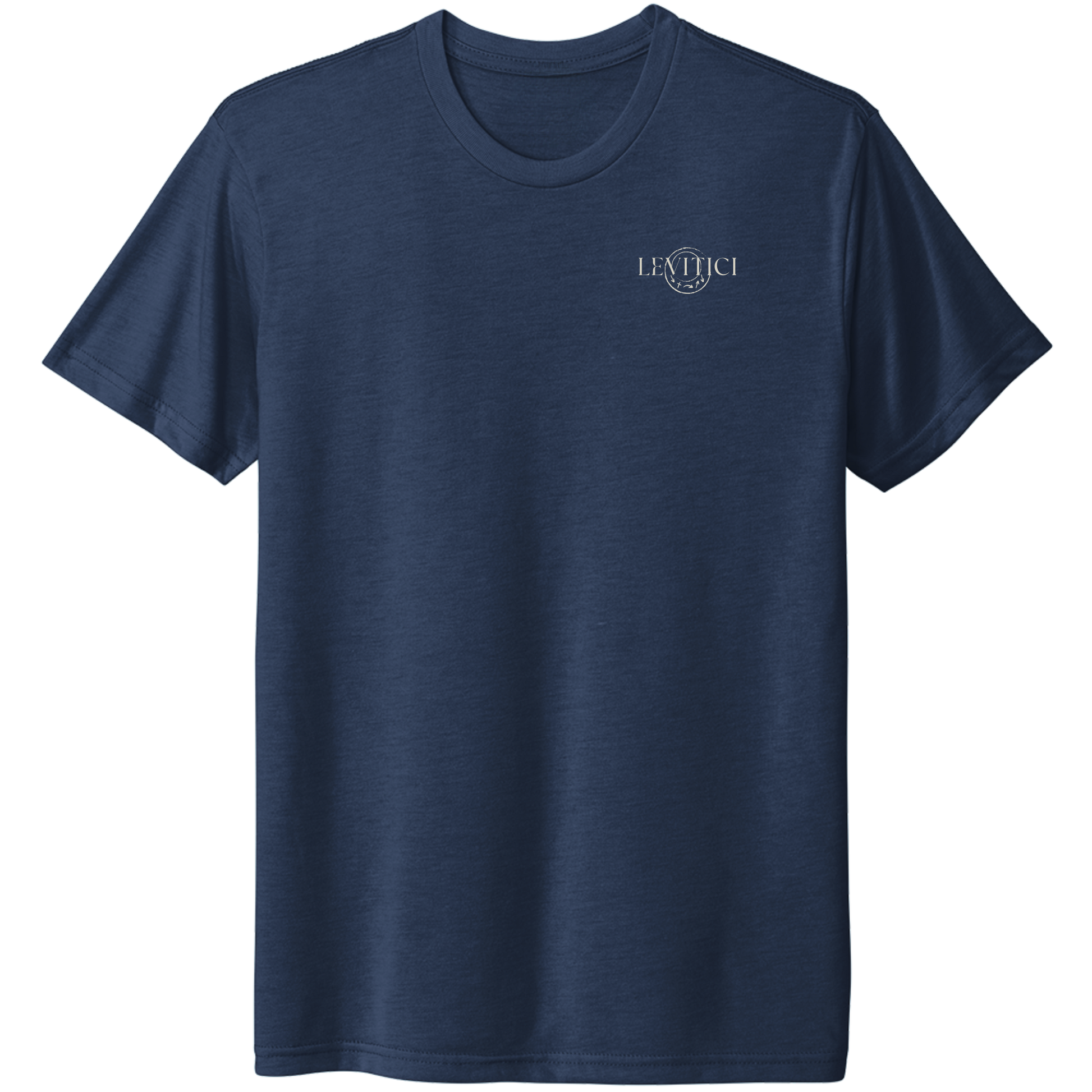 LEVITICI blue Alpha Tee Christian athletic t-shirt with off white logo on front left chest