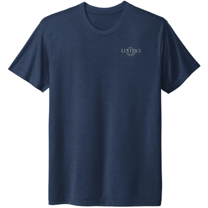 LEVITICI blue Alpha Tee Christian athletic t-shirt with off white logo on front left chest