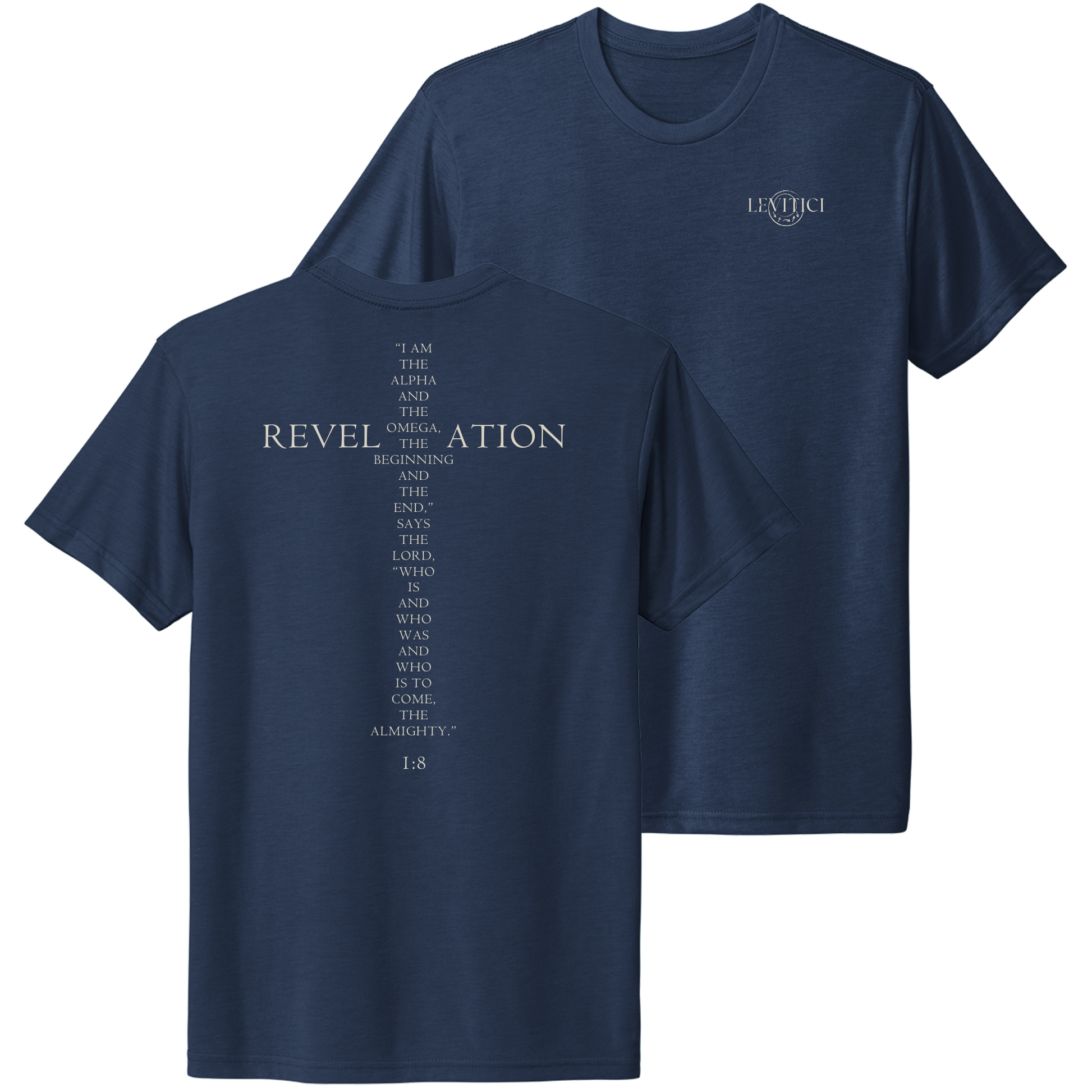 LEVITICI Blue Alpha Tee Christian t-shirt front and back cream white print