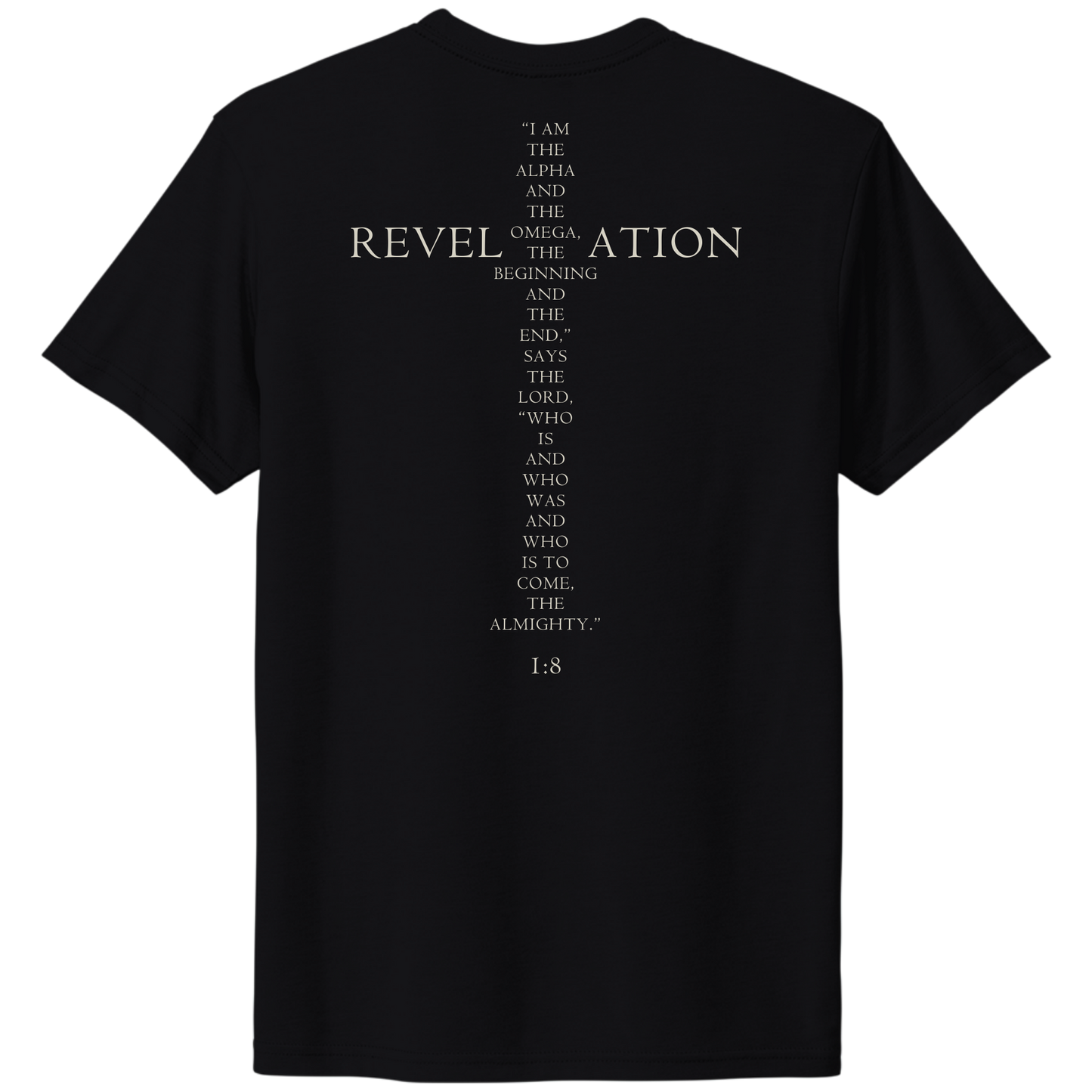 Back view of LEVITICI Alpha Tee black Christian t-shirt featuring bold white Revelation 1:8 Scripture print