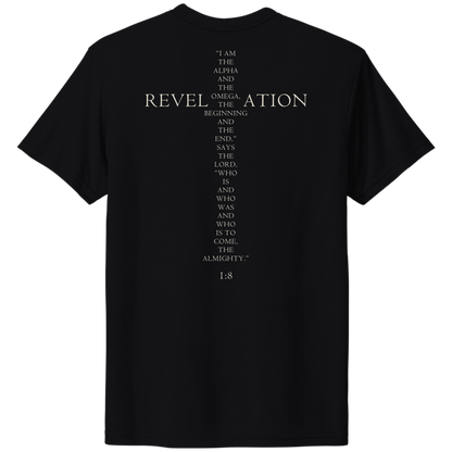 Back view of LEVITICI Alpha Tee black Christian t-shirt featuring bold white Revelation 1:8 Scripture print
