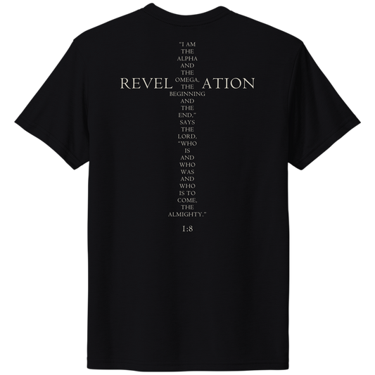 Back view of LEVITICI Alpha Tee black Christian t-shirt featuring bold white Revelation 1:8 Scripture print