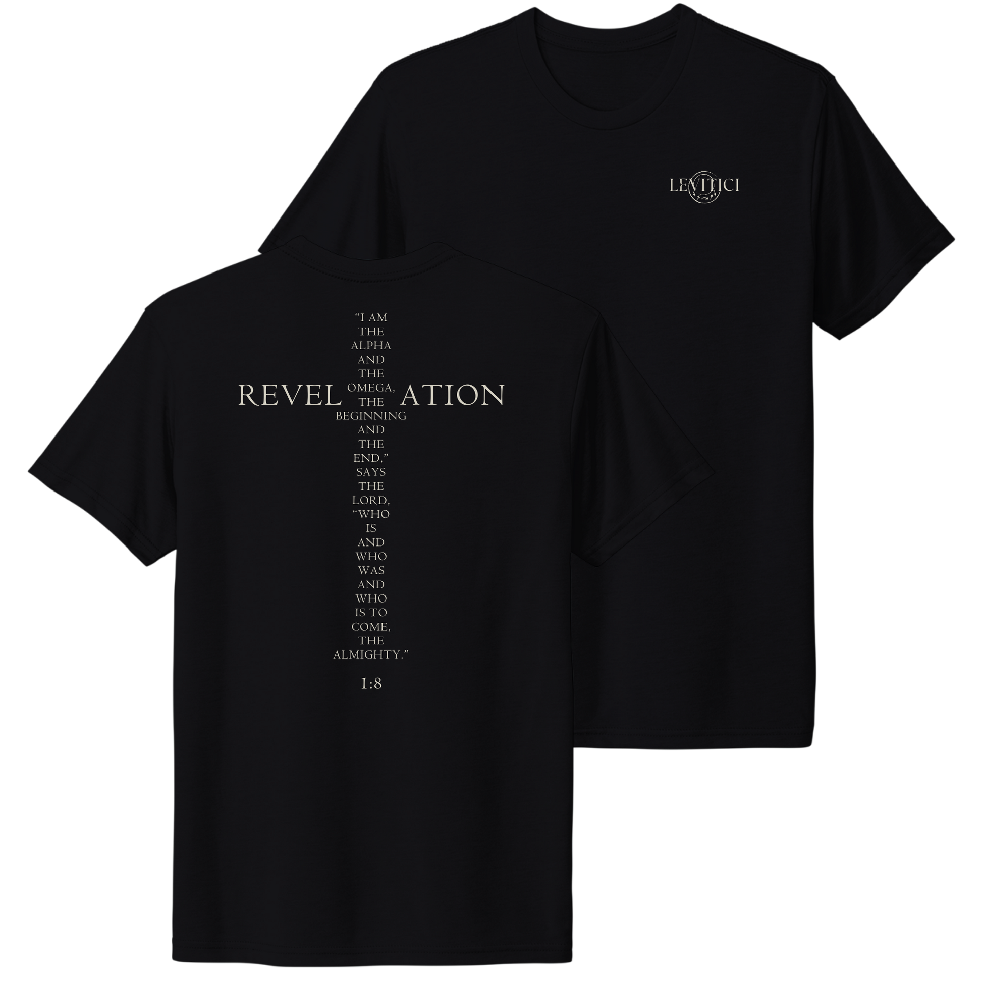 LEVITICI Black Alpha Tee Christian t-shirt front and back cream white print