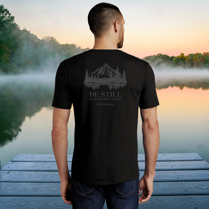 Be Still T-Shirt Black Back on Model