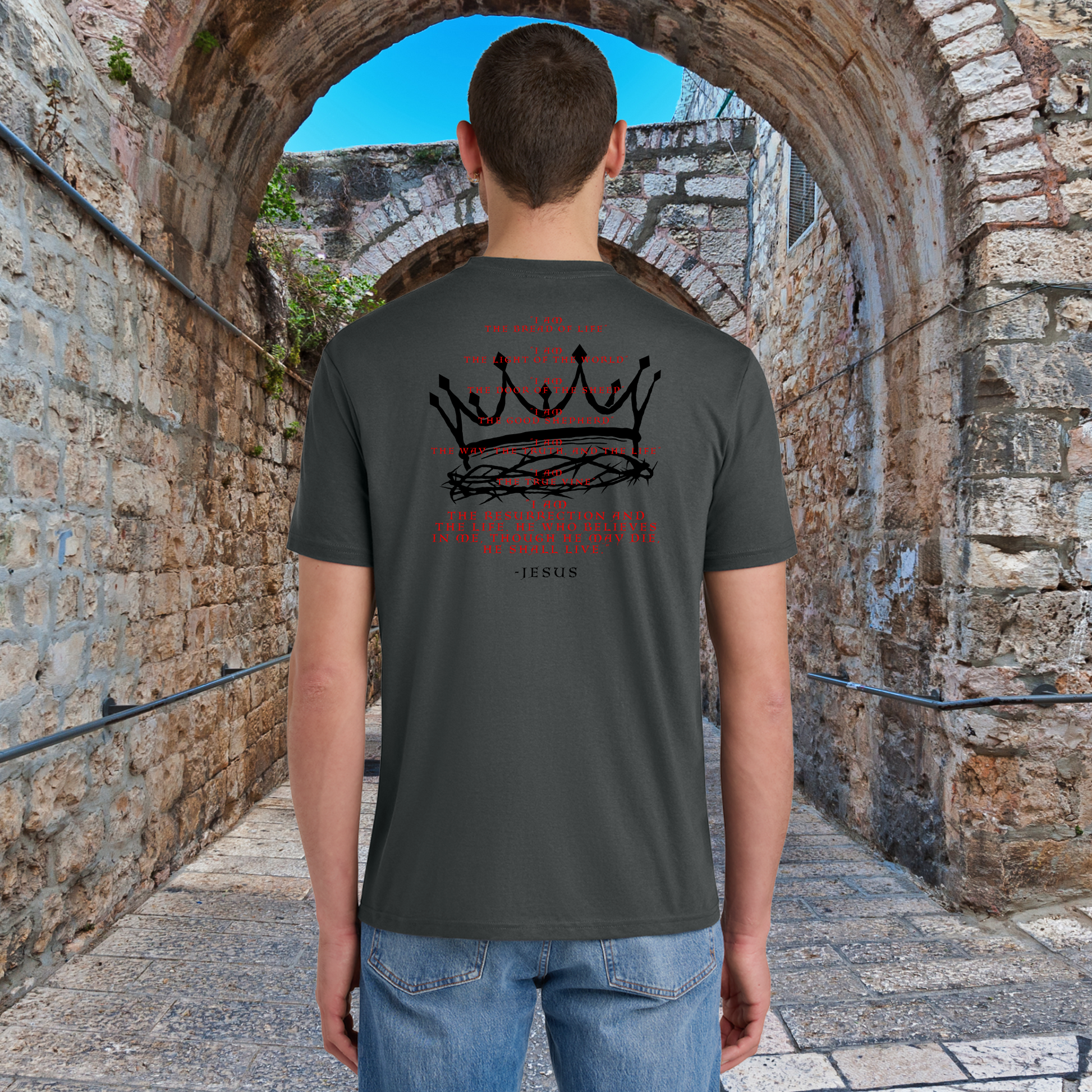 I Am T-Shirt Charcoal Gray Back on model